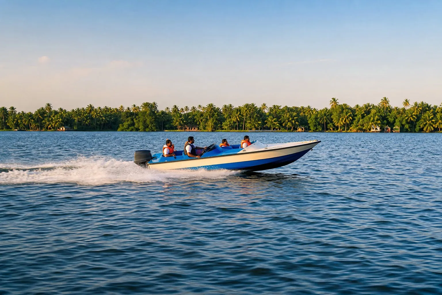 A speedboat crossing the open waters of Kerala’s Vembanad Lake