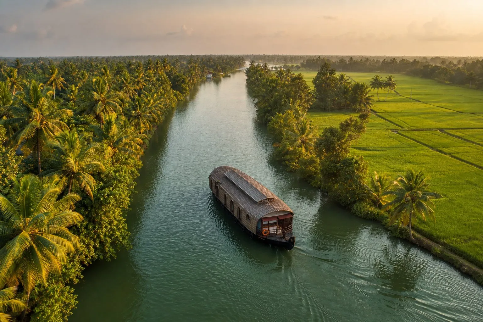 A traditional Kerala houseboat cruising through palm-lined backwaters