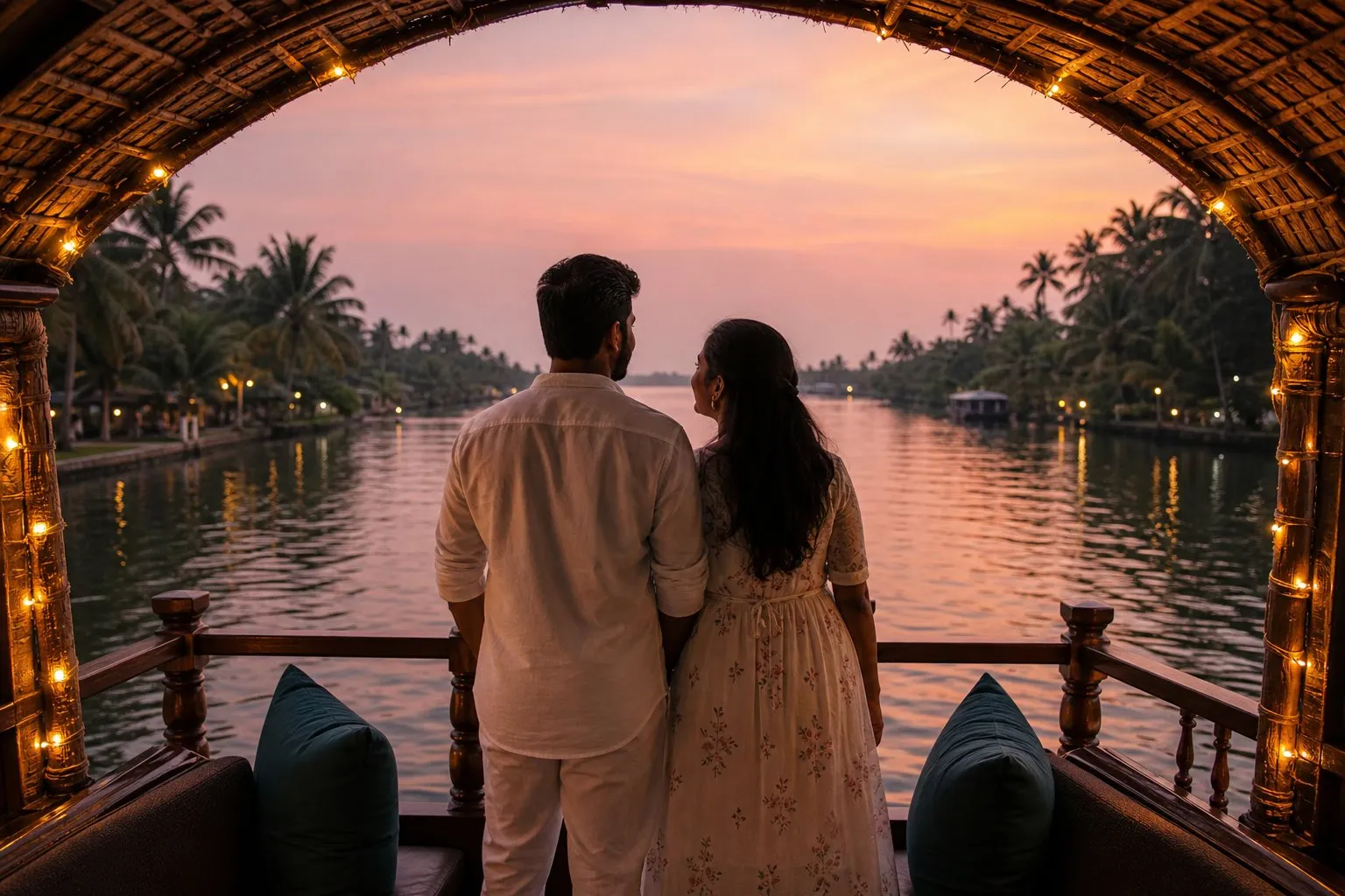 Houseboat deck overlooking the Kumarakom backwaters in Kerala